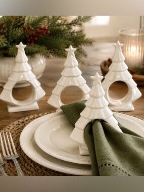 White Ceramic Christmas Tree Napkin Rings Set of 4 Star Holiday Table Decor